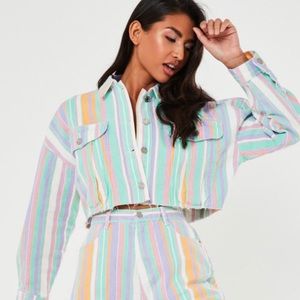 Green Co Ord Pastel Stripe Raw Hem Cropped Denim Jacket